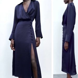 Navy blue silk midi dress